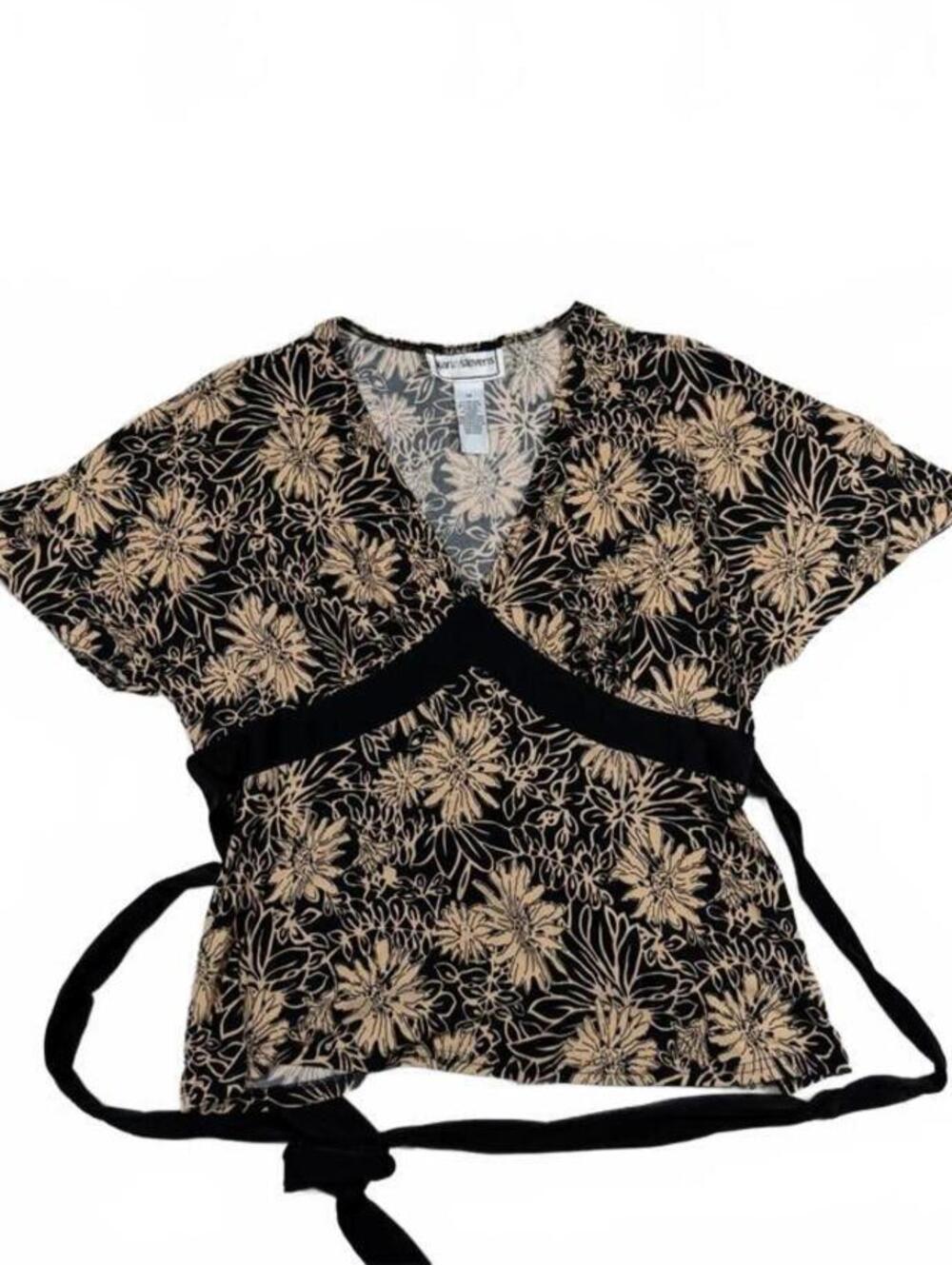 Y2K Karen Steven Black and Tan Floral Babydoll Tie Back Blouse Size M